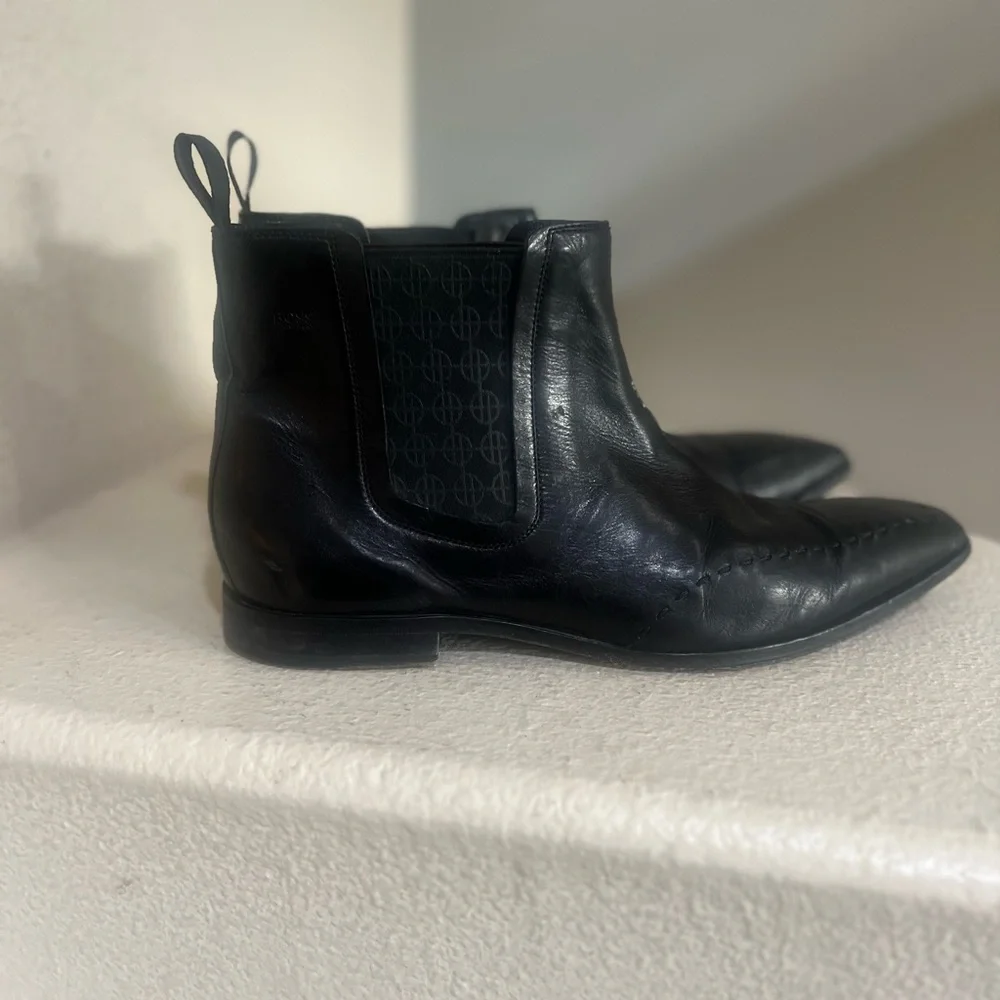 HUGO Boss Men Sz 8.5 Black Leather  Pull-On Ankle  Dress Boots Shoes Business